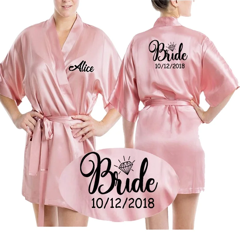 

Baby Pink Robe Silver Letter Kimono Personalised Satin Pajamas Wedding Robe Bridesmaid Sister Mother Of The Bride Robes, Customized color