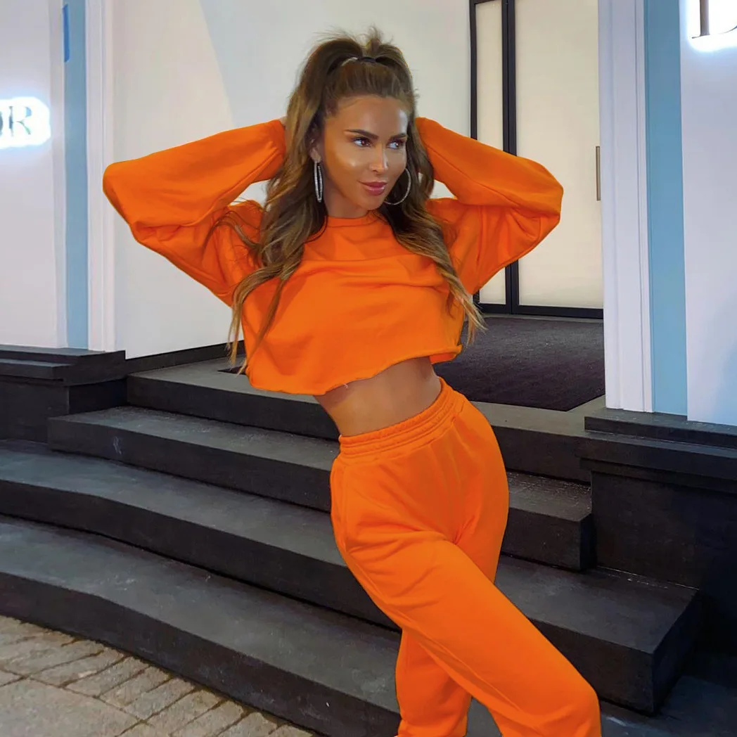 

B0567 Autumn and winter women round neck long sleeves cropped sweatshirt high waist trousers casual suit for women