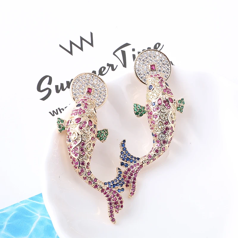 

XIUMEIYIZU Personalized Animal Drop Earrings Pave Full CZ Stone Luxury Style Fashion Carp bite Ingots Pendant Long Earring, Multicolor