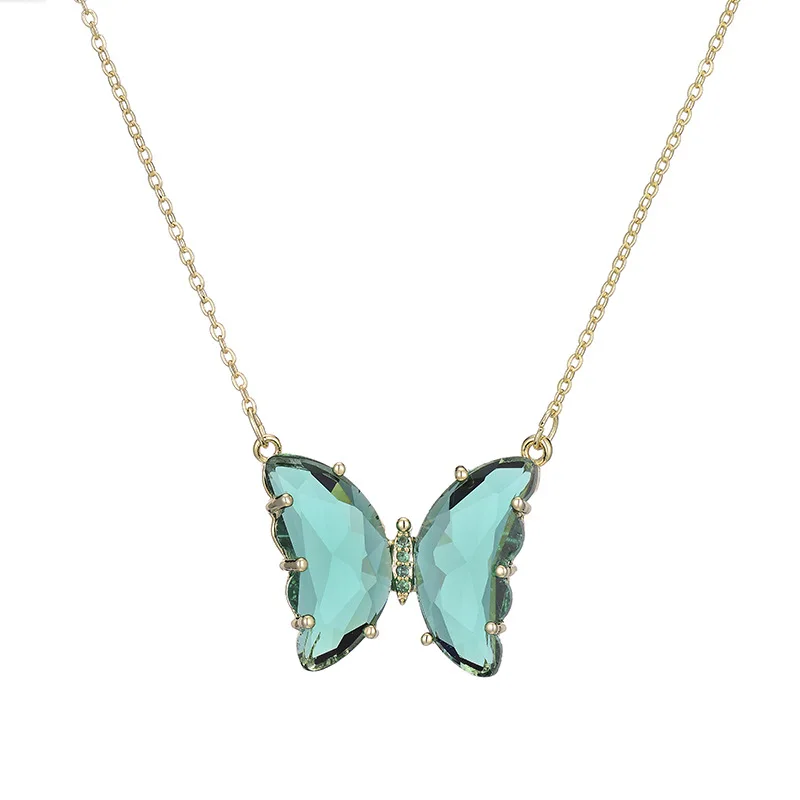 

Crystal Glass Butterfly Necklace Lady Fashion 18K Gold Plated Zircon Choker Necklace Women Pink Butterfly Pendant Necklace