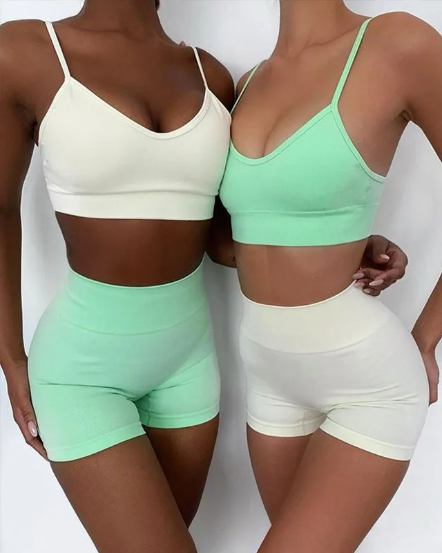 

Women Seamless 4 Piece Yoga Outfit for Workout Gym sportwear woman High Waist Leggings with Sport Bra Set, Grey/pink/blue