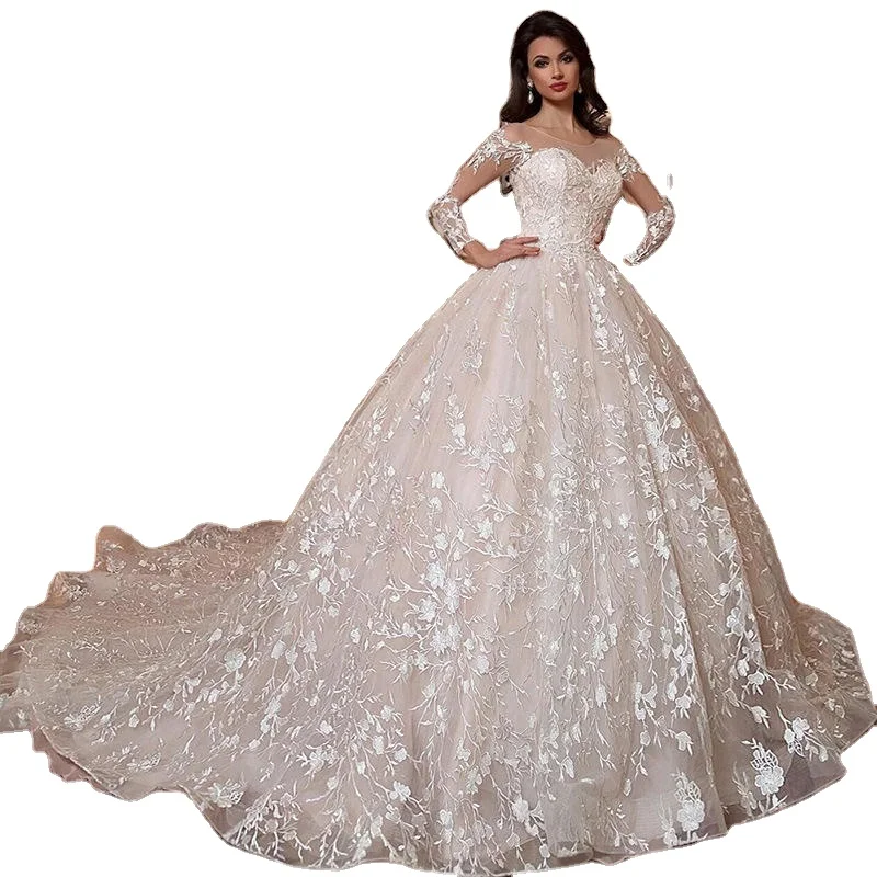 

2022 New Design Long Sleeve Lace Bridal Gown Elegant Ball Gown Wedding Dress