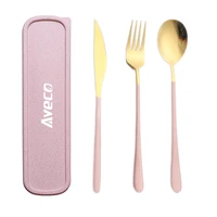 

cheap bulk rose gold flatware spoons forks knives silverware 304 stainless steel cutlery travel set with wheat straw gift box