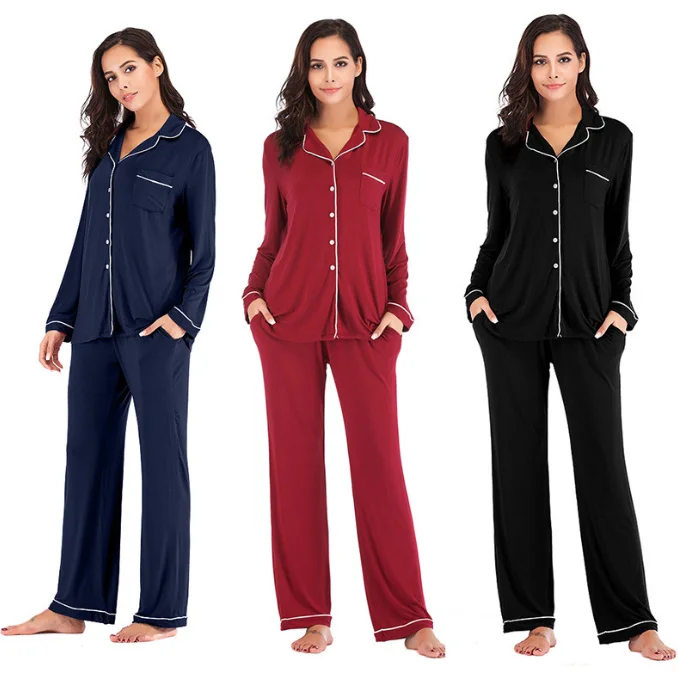 

Wholesale Custom Autumn Women's Long Sleeve Pyjama Viscose Rayon Lady Cotton Sleepwear Winter Modal Pajamas Woman Sleep Wear, Customized color