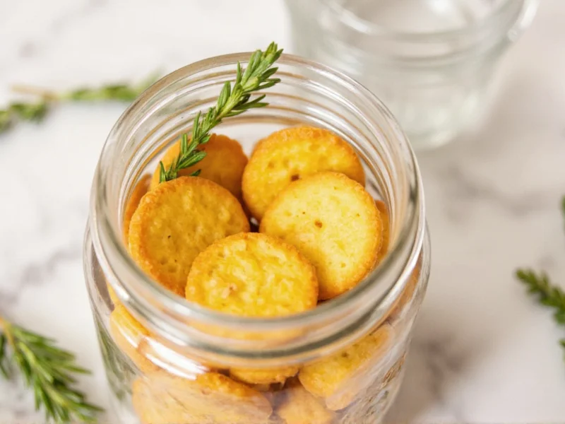 Homemade cheese crackers in mason jar with fresh herbs