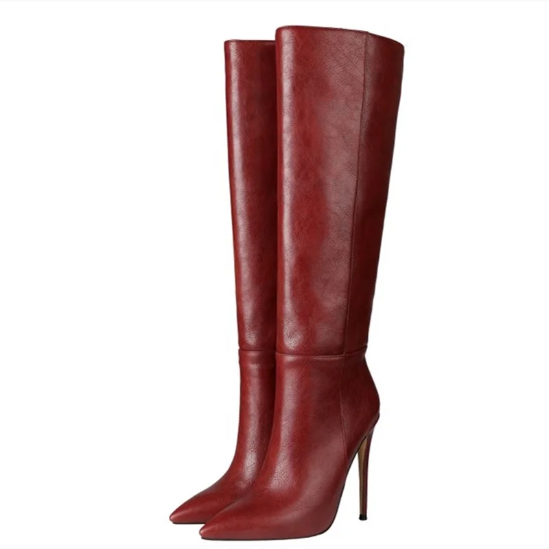 

Leather Pointed Toe Slip On High Heel Women Knee High Boots Fashion Winter Boots Work Office Students Plus Size 45, Purple,blue,black,wine red,green