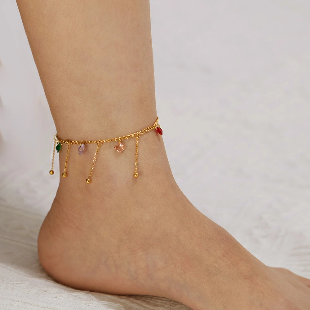 

Bohemia Style Light Luxury Colorful Glass Stone Anklet Bracelet 18K Stainless Steel Gold Plated Anklets For Women