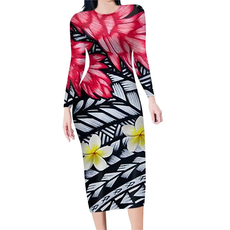 

Women Bodycon Dress Polynesian Hibiscus Boho Samoas Design Long Sleeve Party Elegant Tunic Pencil Dress Casual Summer Clothes
