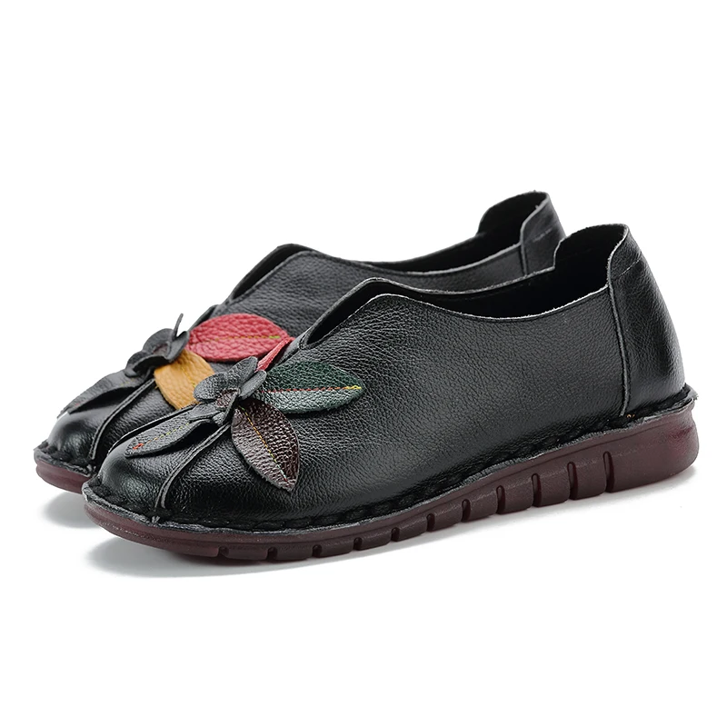 

Factory Direct Sale Flat Shoes Round Toe Comfortable Shoes Women Genuine Leather National Style Ladies Flat Shoes, Black