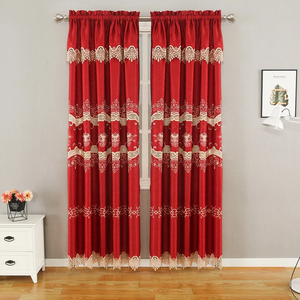 

2021 European style luxury red lace curtain with valance embroidered window panel for living room