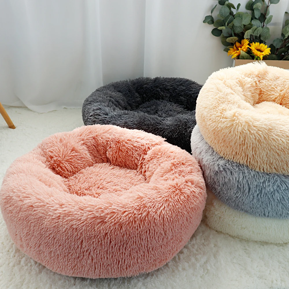 

Pet Bed Warm Fleece Round Kennel House Long Plush Winter Pets Dog Beds For Medium Large Dogs Cats Soft Sofa Cushion Mats, Pink/gray/white/coffee/beige