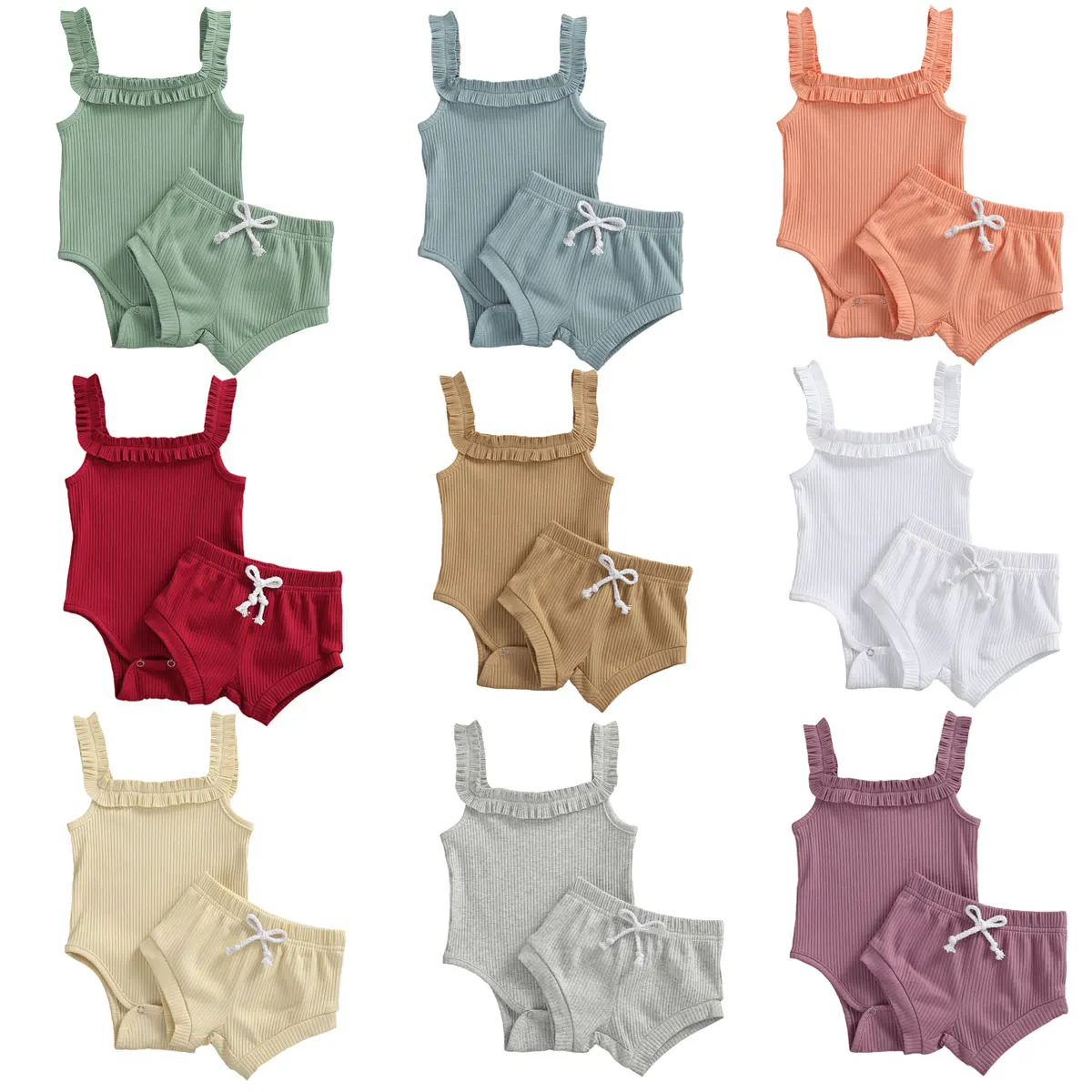 

Girls Boys Summer Baby Clothing Newbown Sleeveless Ribbed Ruffled Solid Bodysuits Jumpsuits+Shorts Pants Toddler Infant Outfits
