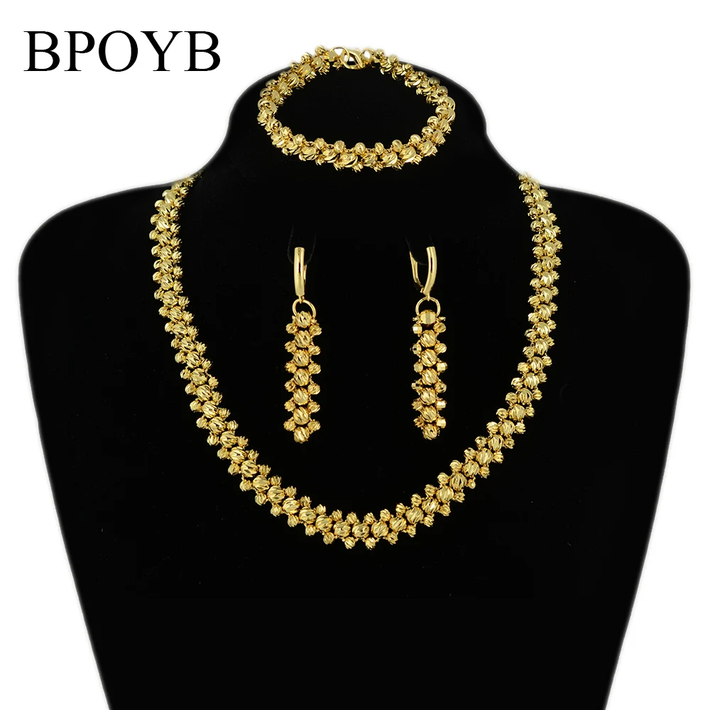 

BPOYB 2021 Luxury Solid 24k Gold Plated Dubai Wedding Jewelry Set Fashion Women Beads Earrings Necklace Bracelet Fine Bijoux