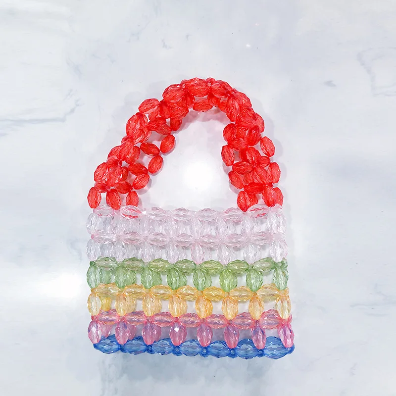 

2021New acrylic rainbow beaded bag woven bag portable shoulder small square bag