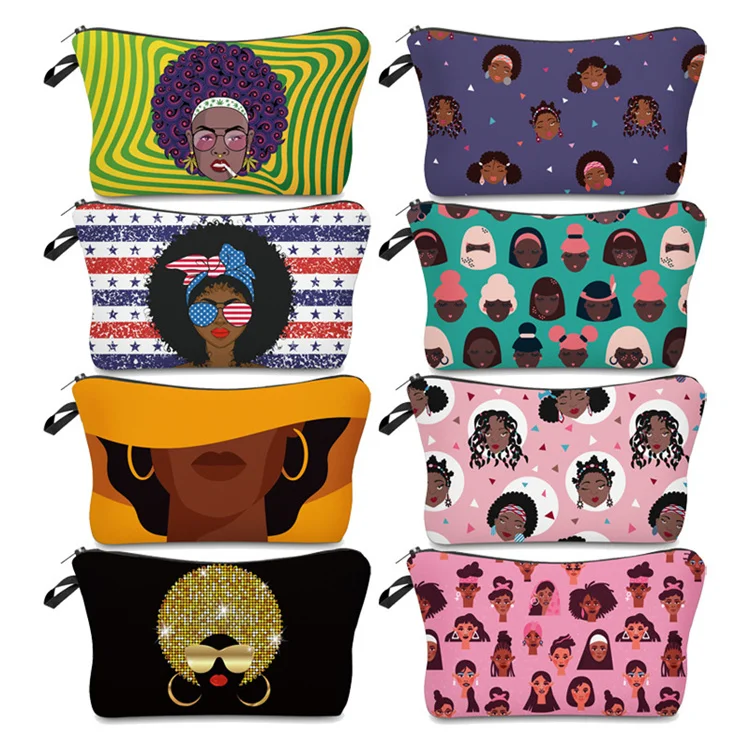 

2021 New Design Black Art Girls Magic African Make Up Pouch bag Toiletry Travel Organizer Makeup Cosmetic Bag Women Wholesale, Picture