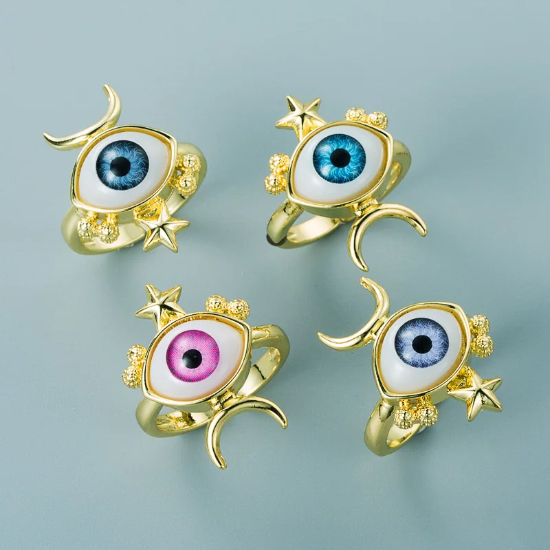 

Hot Selling Charming Gold Planted Star Moon Eyes Ring Adjustable Lifelike Turkish Eye Ring For Girls