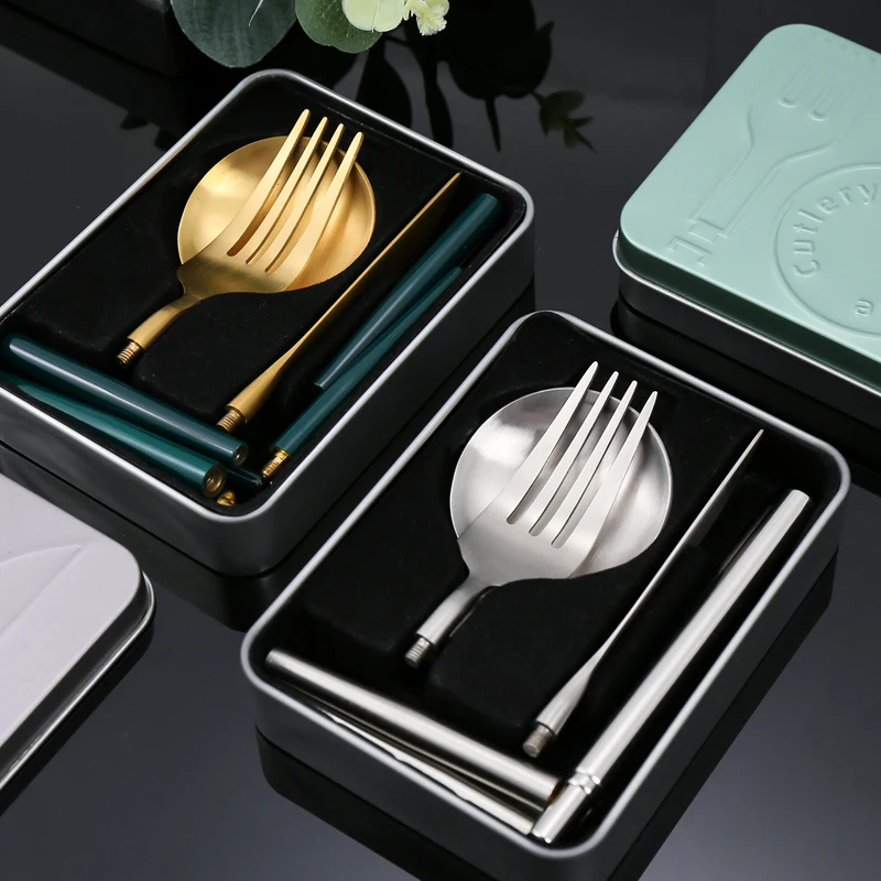 

New Collapsible Knife Spoon Fork Detachable Portable Cutlery Outdoor Stainless Steel Pocket-Sized Cutlery Set with Tinplate Case, Silver, gold, rose gold, black, gold and black, gold and green
