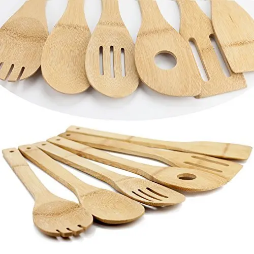 Bamboo wooden kitchen cookware with cooking utensils for 6 Set of Bamboo Kitchen Tools
