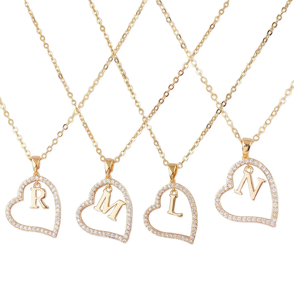 

New Custom Gold Plated Zircon Initial Heart Alphabet Letter Necklace Women Jewelry