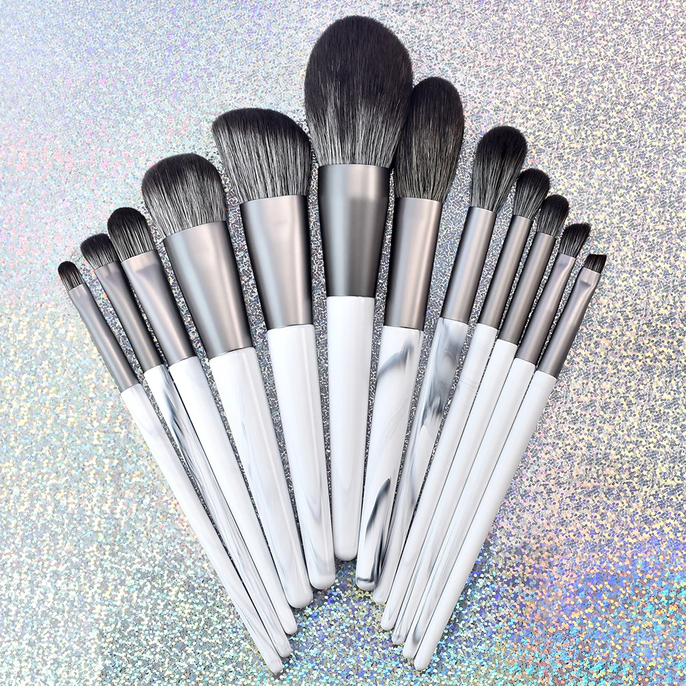 

White Handle Makeup Brush 12pcs Wood Handle Marble Makeup Brushes Make Up Brush Profesional brochash de maquillaj brochas de, White marble