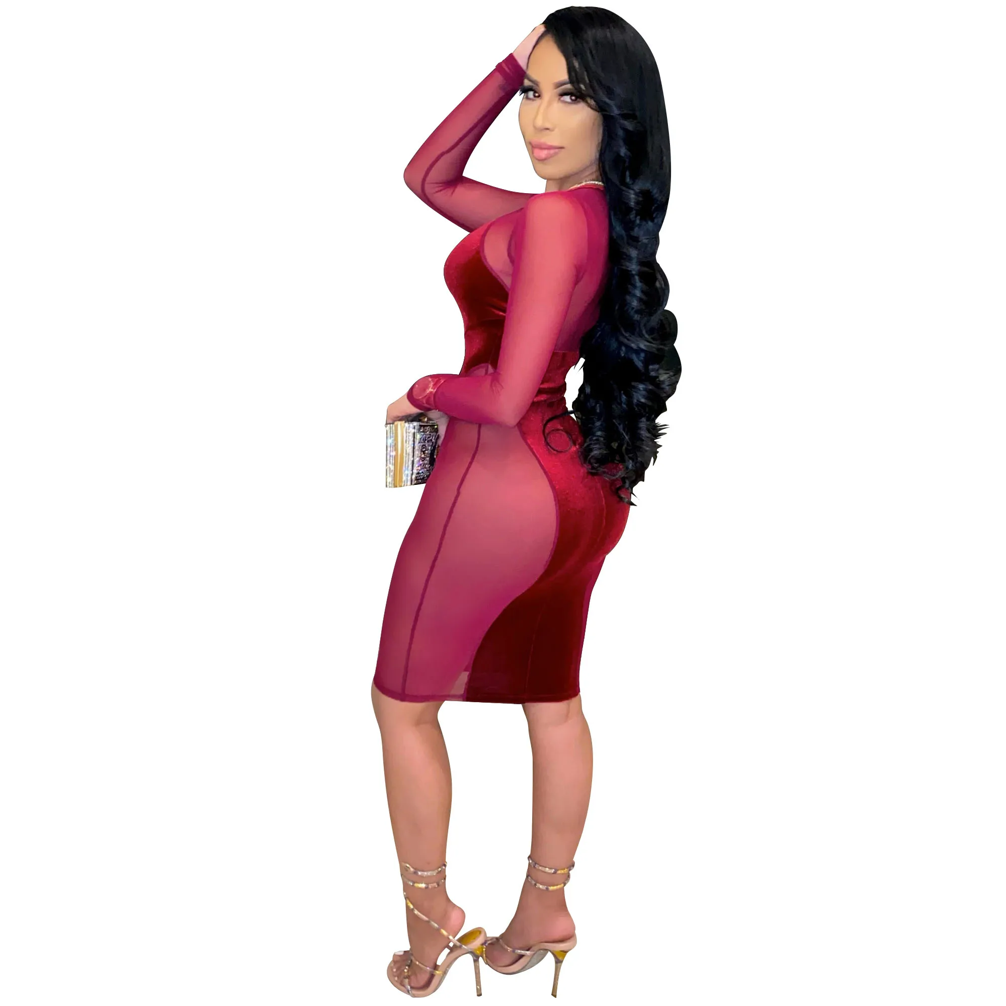 

New arrivals spring collection long sleeve sexy fashion contrast color mesh women casual evening dresses for ladies