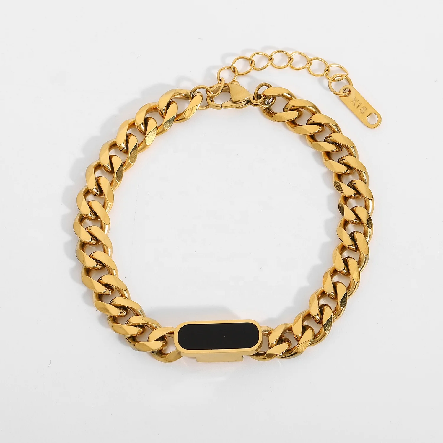 

Chunky 18K Gold Plated Thick Cuban Chain Black Resin Shell Bracelet Stainless Steel Square Black Shell Cuban Bracelet for Women
