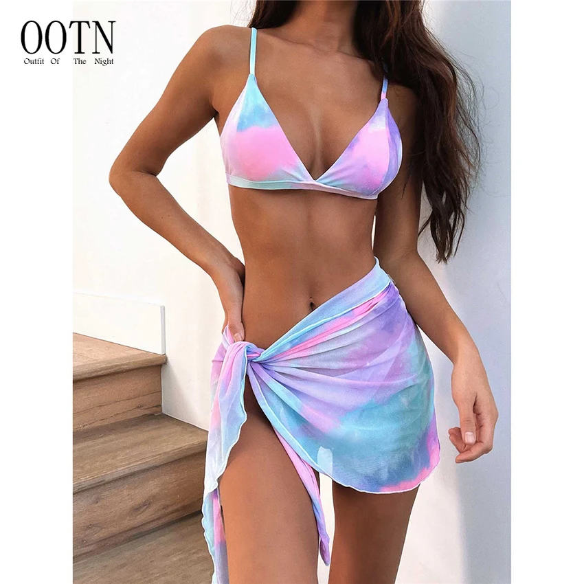 

OOTN Three-pieces Bikini set Bather Bathing Suit Swim Lady New Sexy Tie Dye With Sarong Bikini Female Swimsuit Women Swimwear