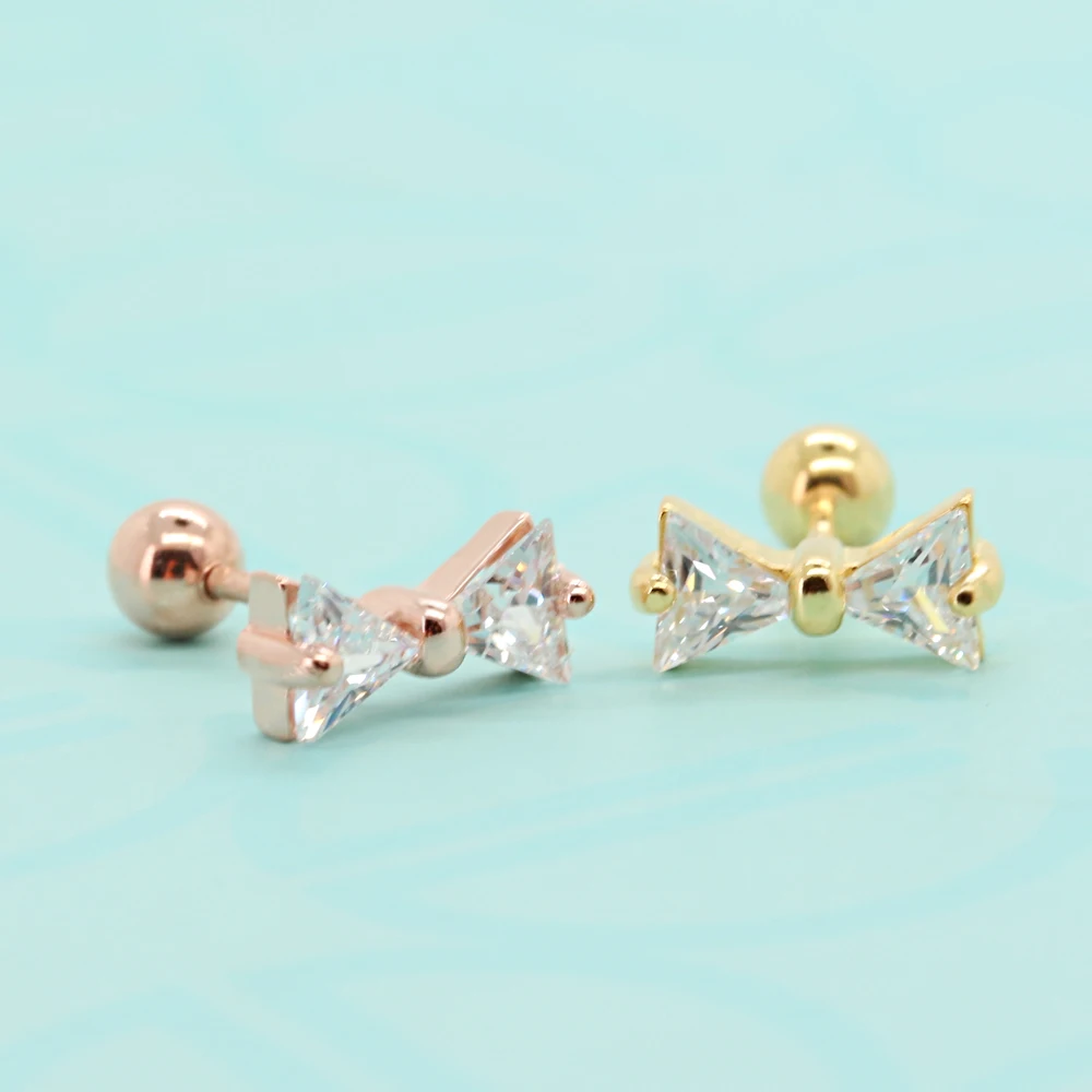 

925 Pierced Earrings Rose Gold Bow Helix Cartilage Earlobe Tragus Piercing