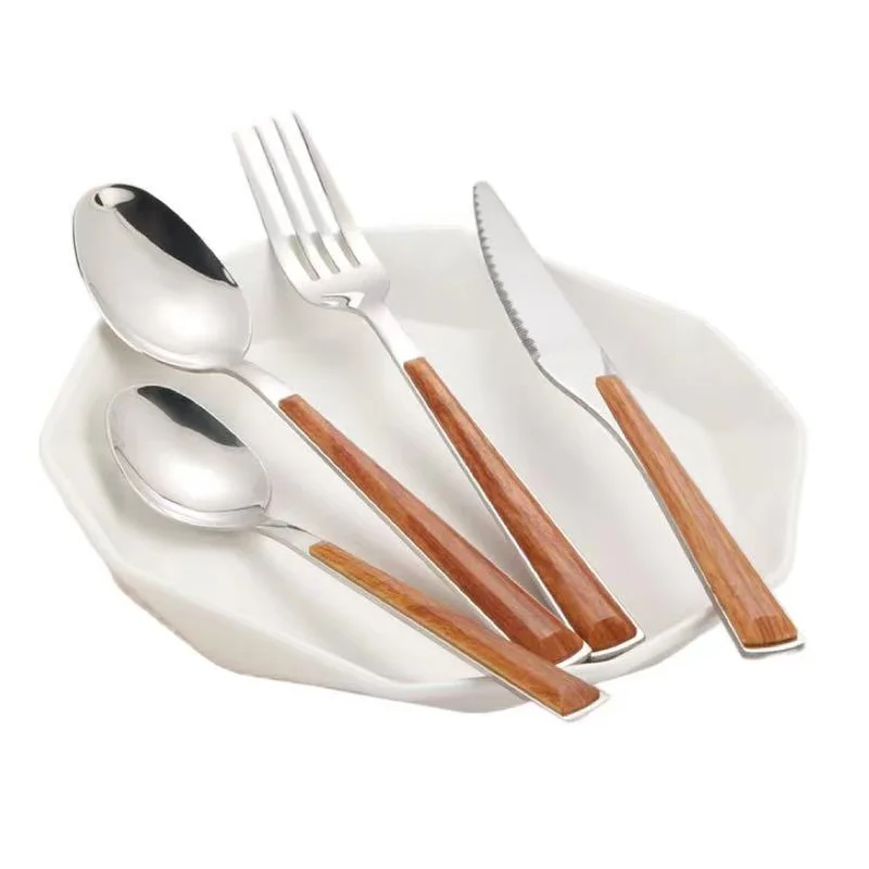 

Bulk chic wood color handle dinner cutlery set spoon fork knife full tang flatware