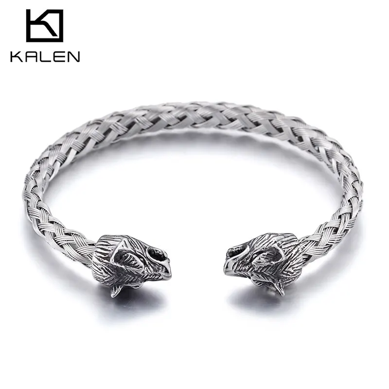 

KALEN 316L Stainless Steel Wolf Head Braided Cuff Bangle & Bracelet, Silver