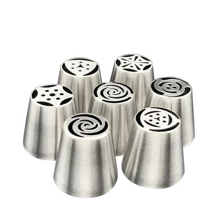 

7pcs Russian nozzle set stainless steel russian piping nozzles cake tools, Sliver