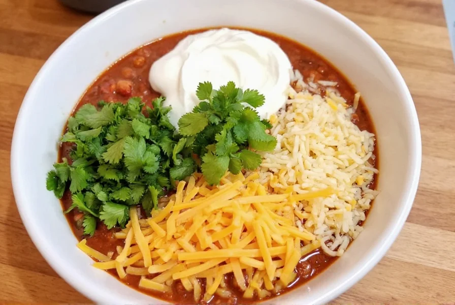 Serving suggestion for nyt turkey chili with toppings including sour cream, shredded cheese, and fresh cilantro