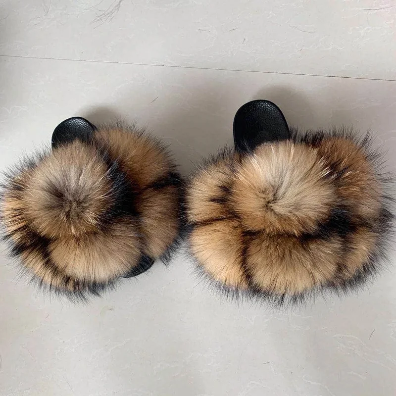 

Mixed colors six balls raccoon fur flat slipper sandals fox fur pom pom slides for women and kids