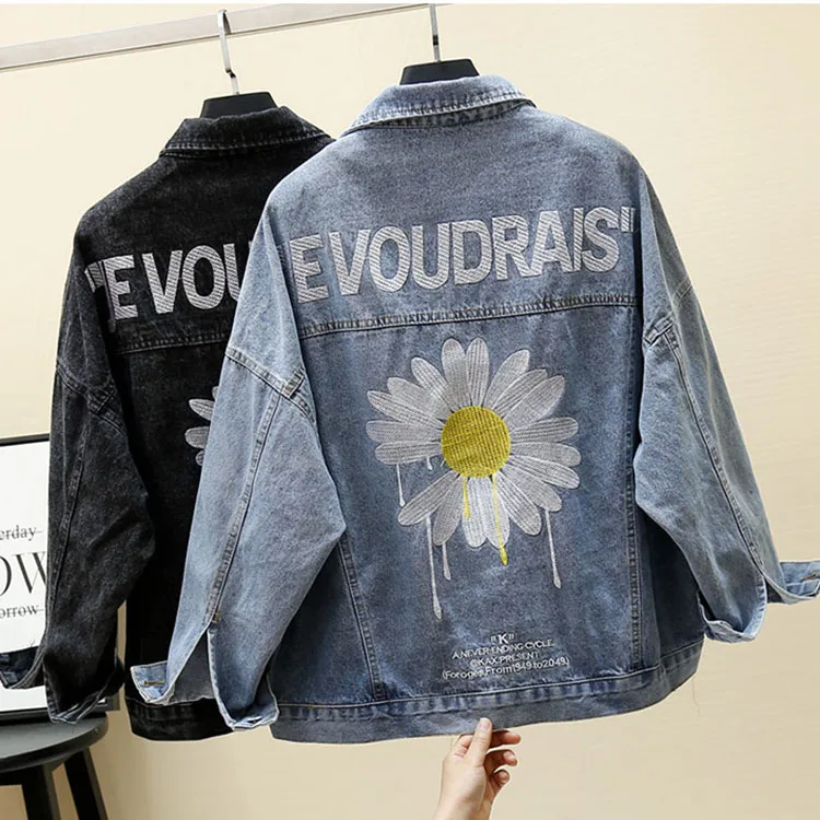 

Daisy Embroidery Female 2020 Spring Autumn Korean Loose Women Letters Denim Jackets Casual Coat Wholesale, Vintage blue,black