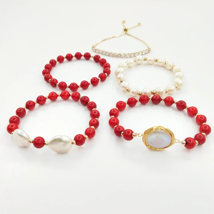 

7 mm Red Coral Freshwater Pearl Bracelet Energy Bracelet Red Coral Charms Bracelet Set, As pitures