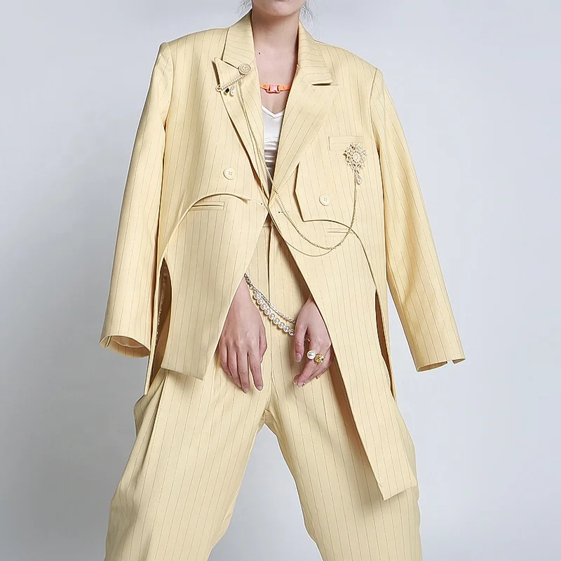 

2021 Urban Fashion Street Retro Gold Silk Beige Irregular Stripe Chain Blazer Women's Suit Jacket Ladies Blazers Jackets, Golden