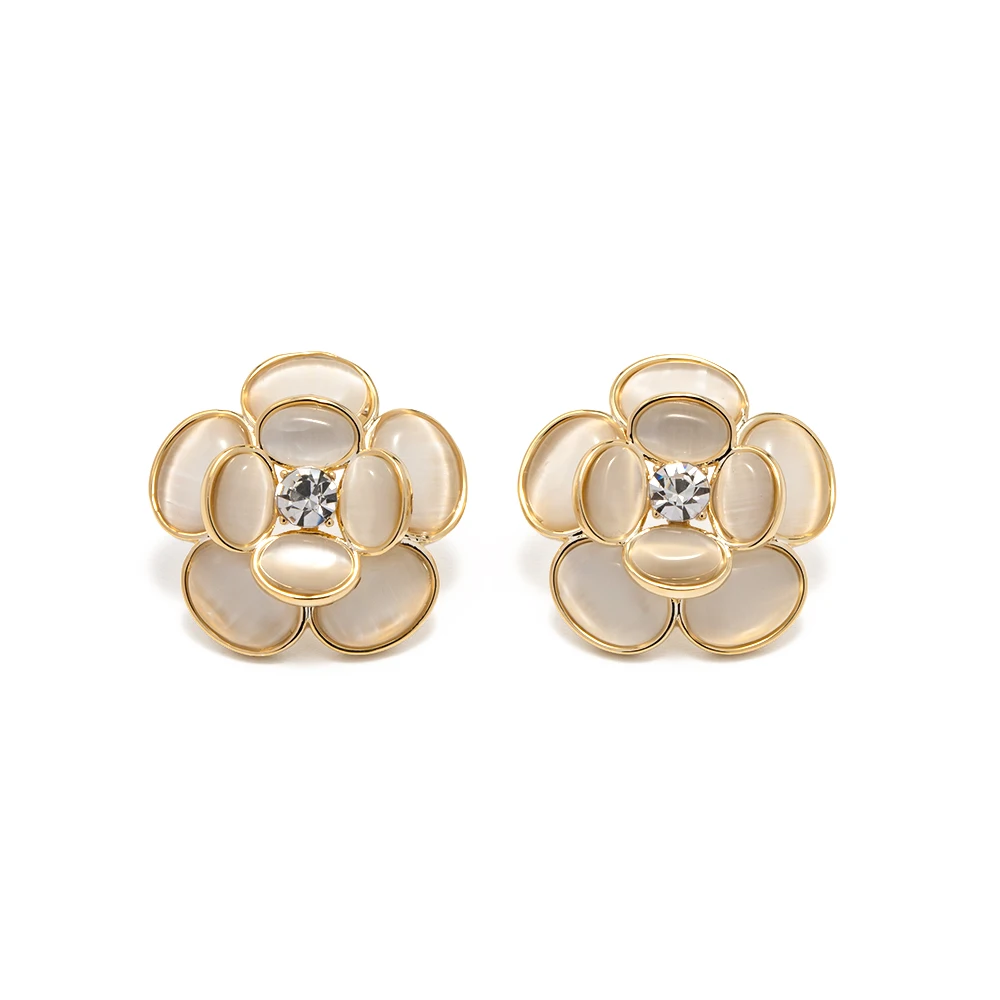 

White Cat Eye Opal Shape Inlaid flower Stud Earring Waterproof Stainless Steel 18 k Gold Plated Jewelry for girls