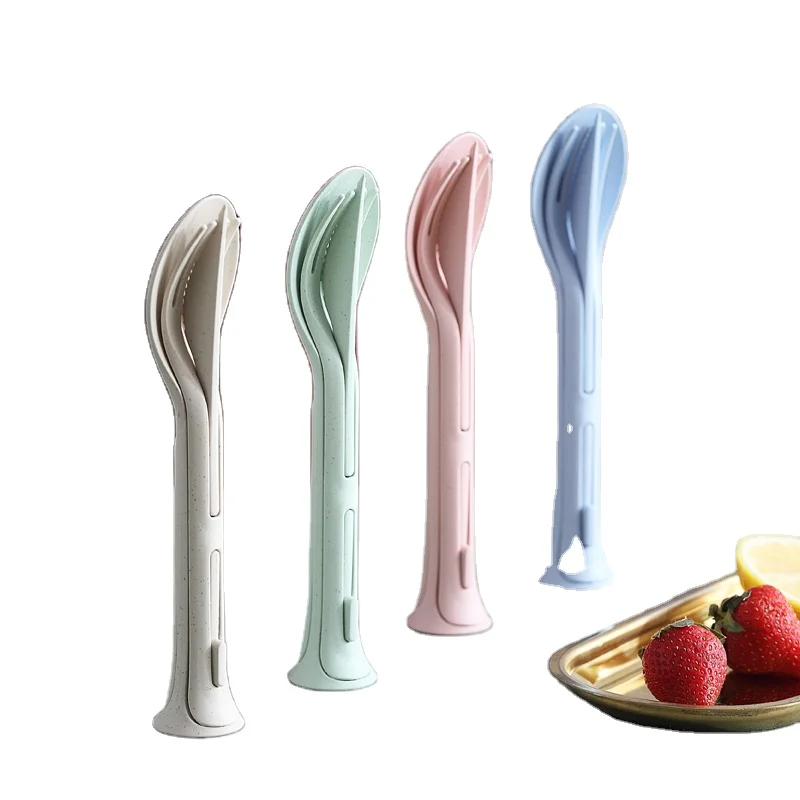 

Reusable 3 in 1 Spoon Fork Knife Wheat Cutlery Set, Pink,green,blue,beige