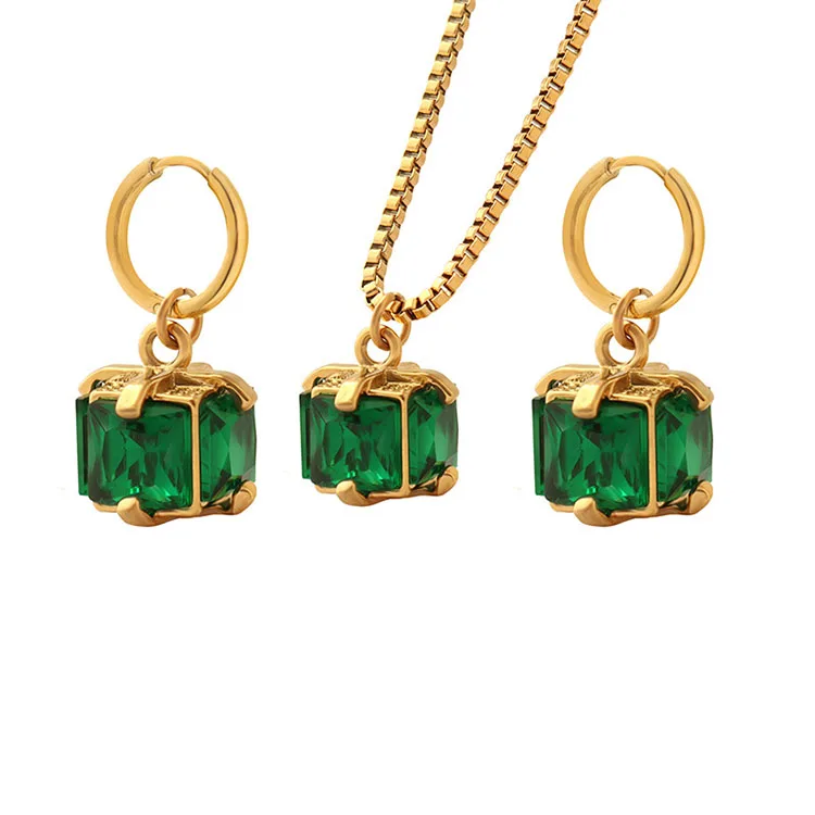 

G2401 Wholesale Titanium Stainless Steel Dainty Emerald Green Zircon Necklace Earrings Fashion Jewelry Sets