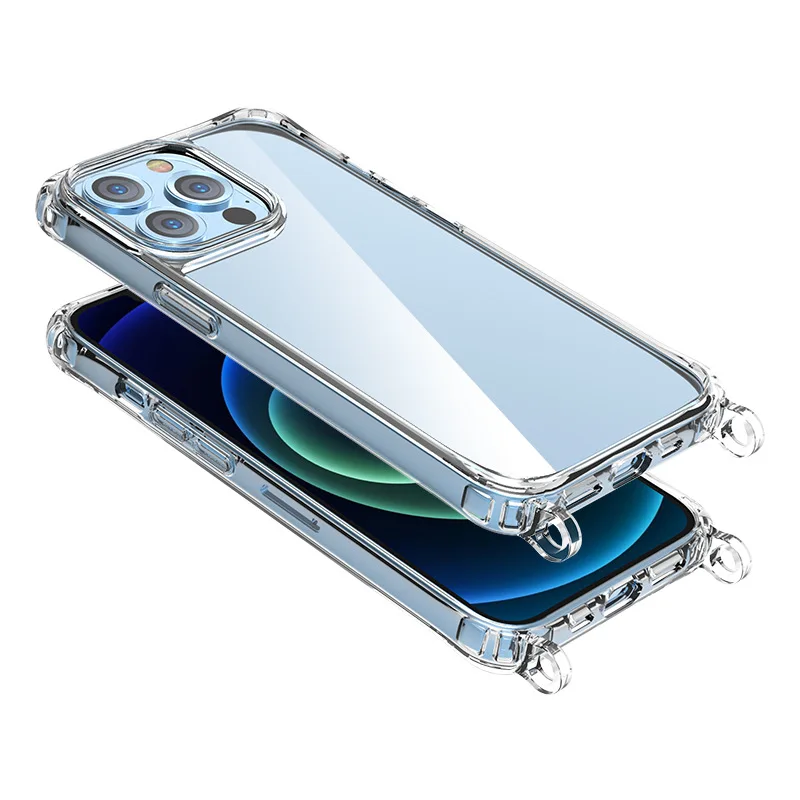 

Handykette accessories Transparent tpu acrylic phone case 4 corners shockproof phone cover case with 2 holes for hanging straps