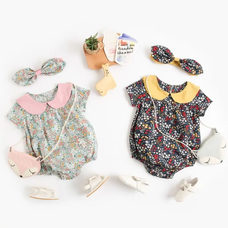 

cotton summer flower toddler baby girls rompers clothing with headband