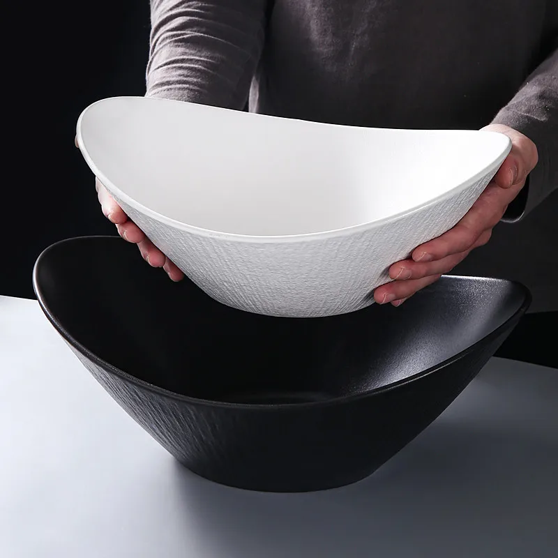 

Japanese restaurant white black matte large deep soup bowls ceramic boat shaped salad bowl, Black/white