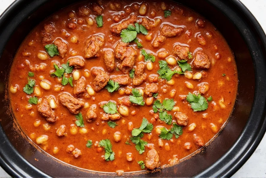 Slow cooker filled with rich, thick chili showing visible beans and meat chunks, garnished with fresh cilantro