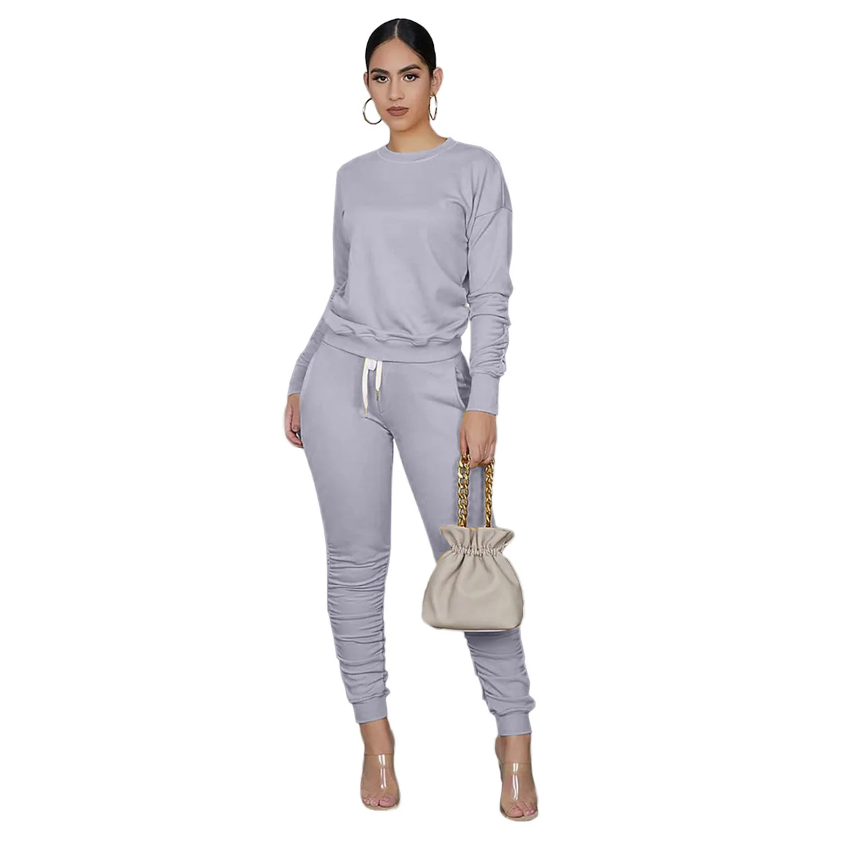 

2021 Women Clothing 2 Piece Outfit Joggers Sets Long Sleeve Crew Neck Solid Color Pullover Tops Pants Tracksuits