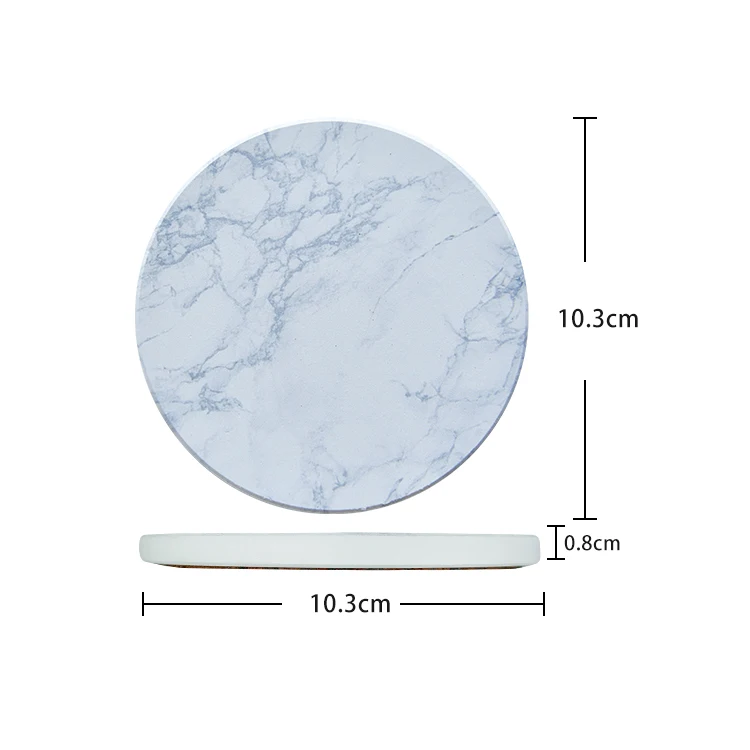

Wholesale Marble Pattern Design Sublimation Absorbent Stone Diatomite Coaster Set With Cork Base