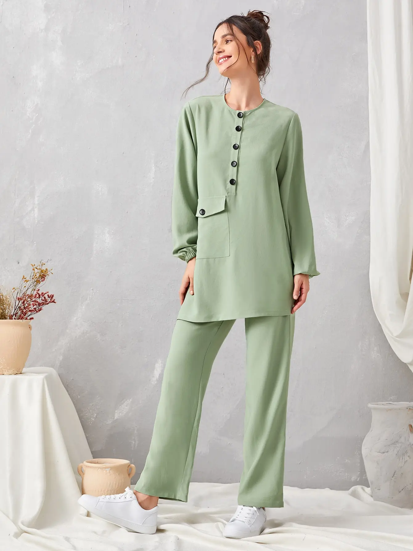 批发2件套春季秋季阿拉伯风格的服装竹纤维妇女半门襟主教袖上衣直腿