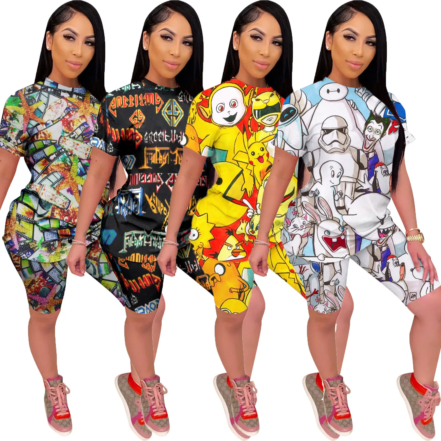 

Casual Two Piece Set Women TShirt Biker Shorts Set Cartoon Print Plus Size Summer Clothes For Women Outfits Jogging Femme, White, yellow, gray, black
