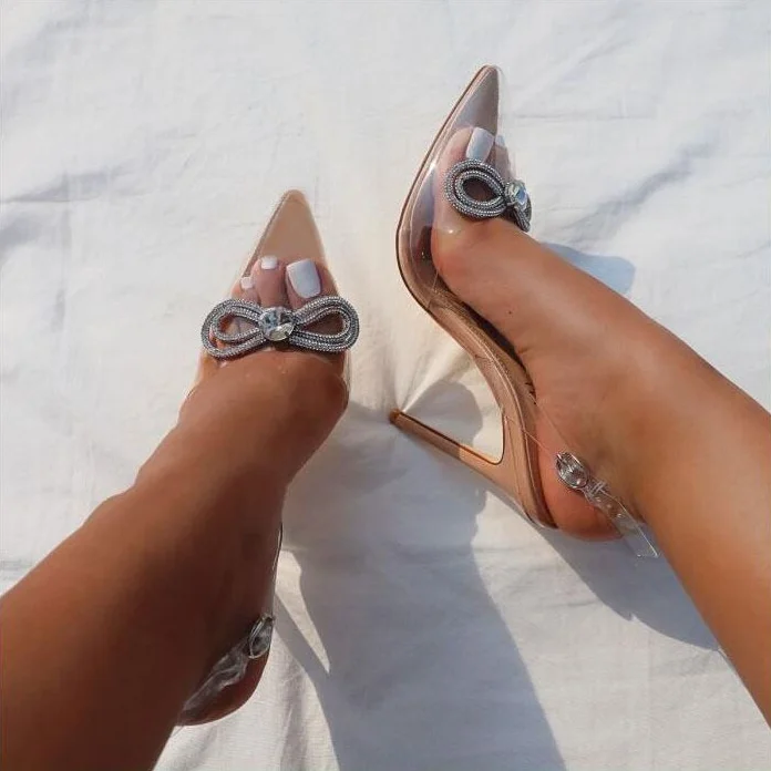 

Fashion Sandals Shoes Sexy Bowknot Rhinestone Stiletto Pointed Heels For Women And Ladies, Silver, apricot
