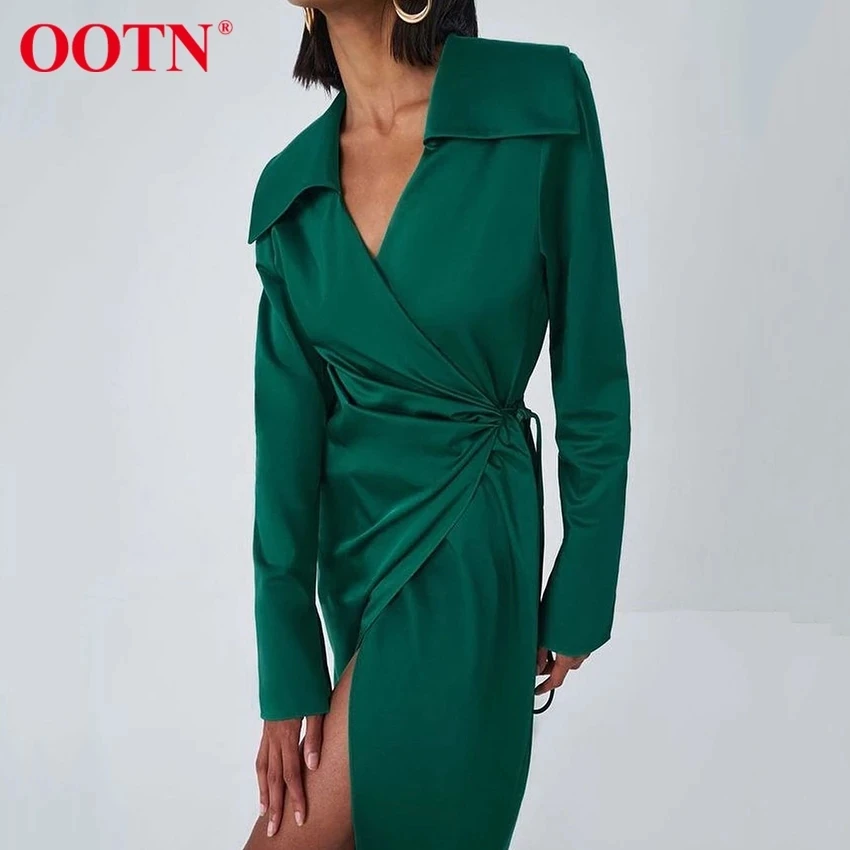 

OOTN Women Green Long Sleeve A-Line Mid-Cal Dresses Split High Waist Office Lady V-Neck Satin Wrap Lace Up Elegant Long Dress