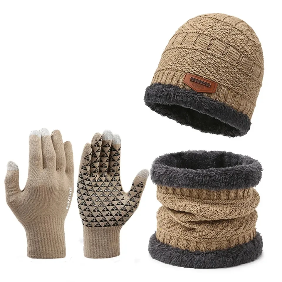 

Slouchy Beanie Gloves Neck Warmer Set Fleece Lined Knit Skull Cap Winter Beanie Hat Scarf Touchscreen Gloves Set for Men